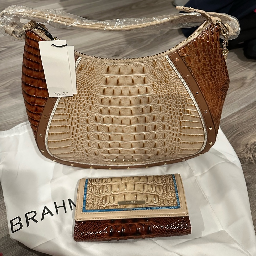 Brahmin Tan and Cream Crocodile Embossed Hobo Bag